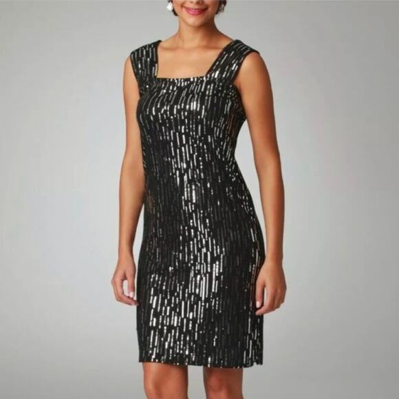 Exclusively Misook Sequined Square Neck Dress in Black Size Small - Picture 1 of 5